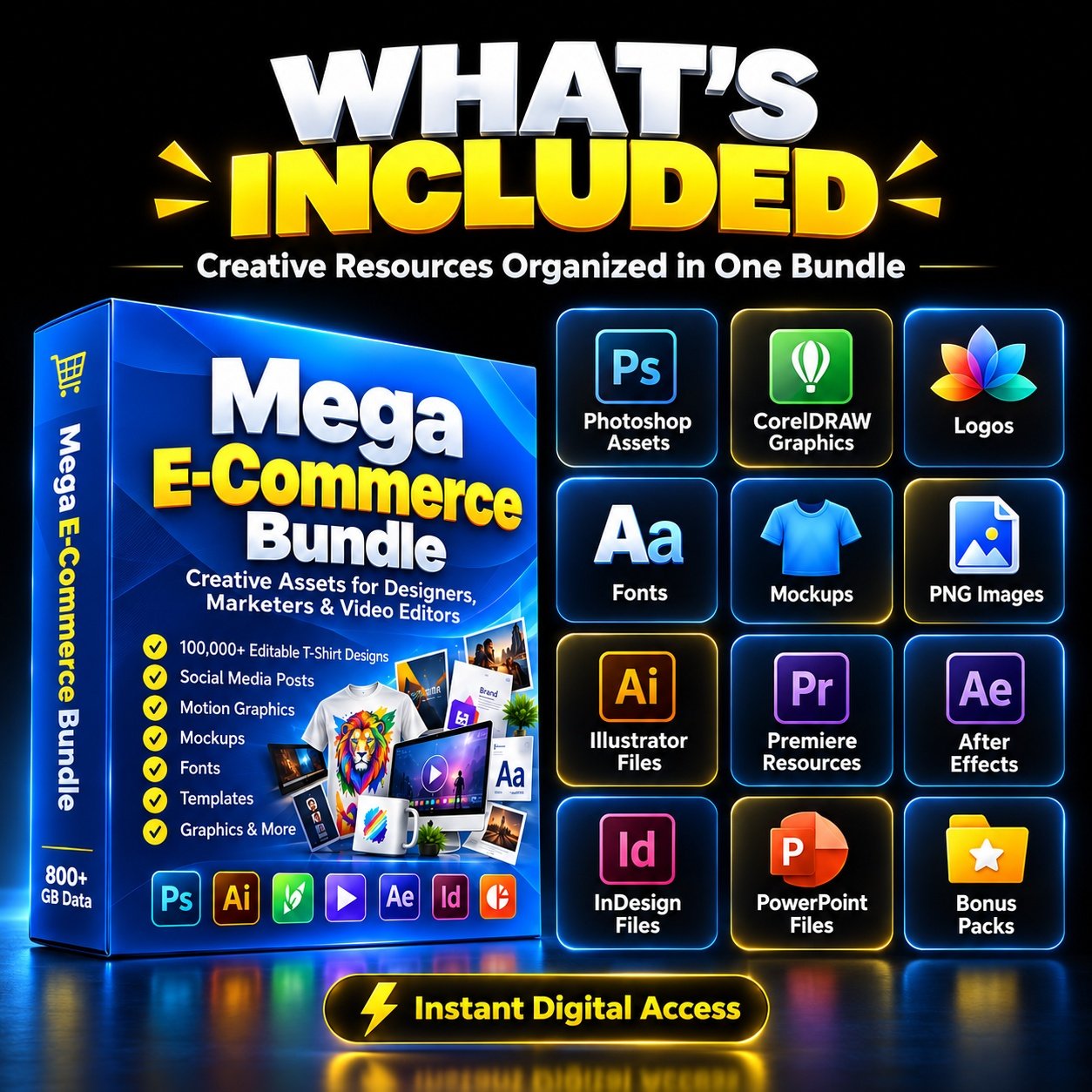 Explore a graphic design and video editing resource bundle with templates, mockups, fonts, vectors and motion graphics. Delivered as a PDF access guide. - Image 2