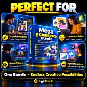 Explore a graphic design and video editing resource bundle with templates, mockups, fonts, vectors and motion graphics. Delivered as a PDF access guide.