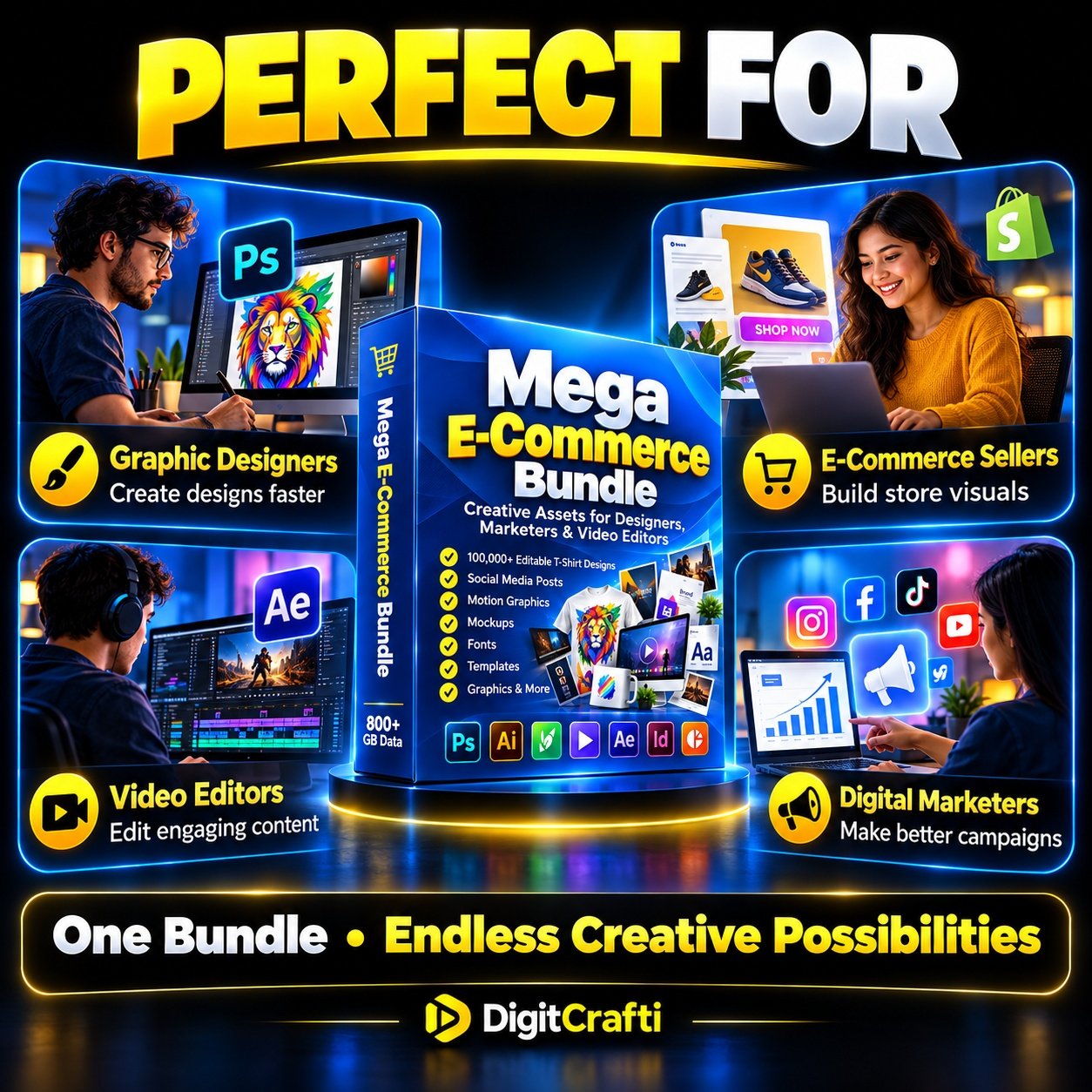 Explore a graphic design and video editing resource bundle with templates, mockups, fonts, vectors and motion graphics. Delivered as a PDF access guide. - Image 3