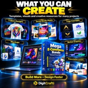 Explore a graphic design and video editing resource bundle with templates, mockups, fonts, vectors and motion graphics. Delivered as a PDF access guide.